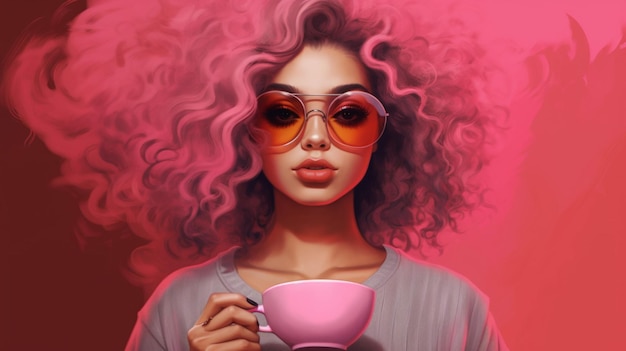 A woman with sunglasses and a pink cup of coffee