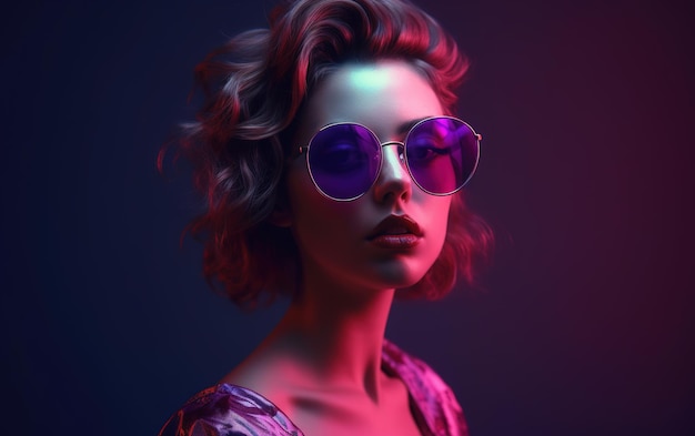 A woman with sunglasses in pink and purple