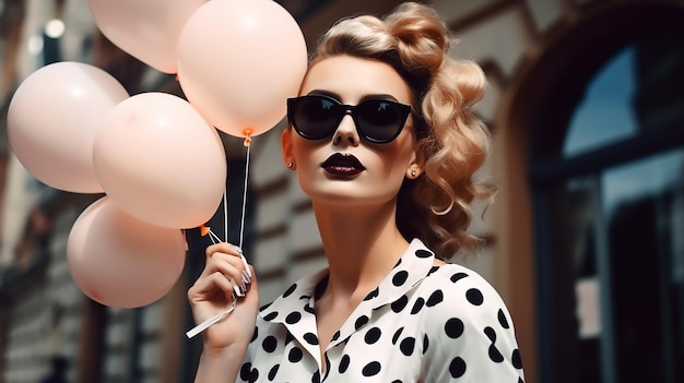 A woman with sunglasses and a polka dot shirt holds balloons.