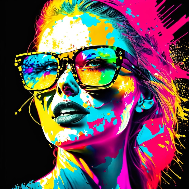 Photo woman with sunglasses in pop art and ink splash generative ai