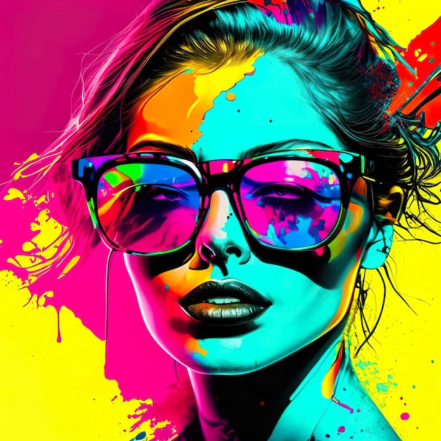 Woman with sunglasses in pop art and ink splash Generative AI