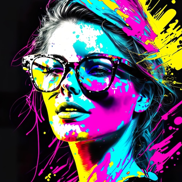 Photo woman with sunglasses in pop art and ink splash generative ai