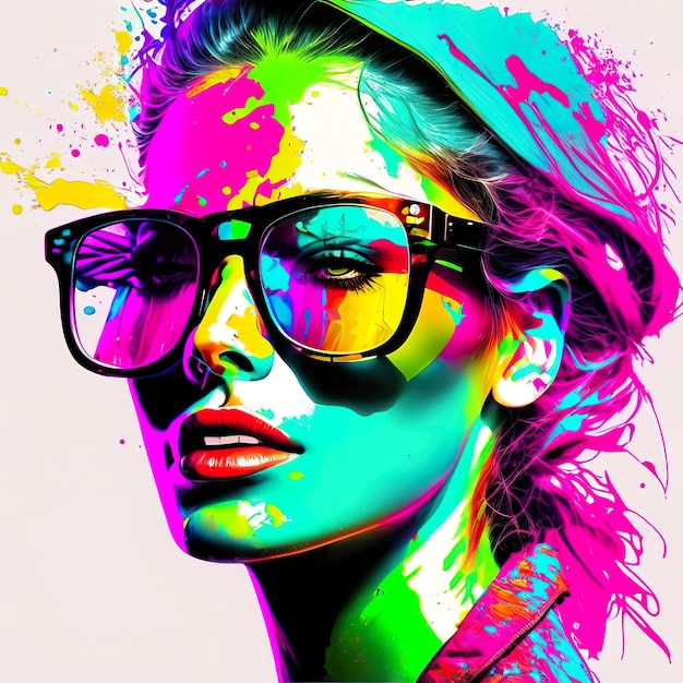 Woman with sunglasses in pop art and ink splash Generative AI