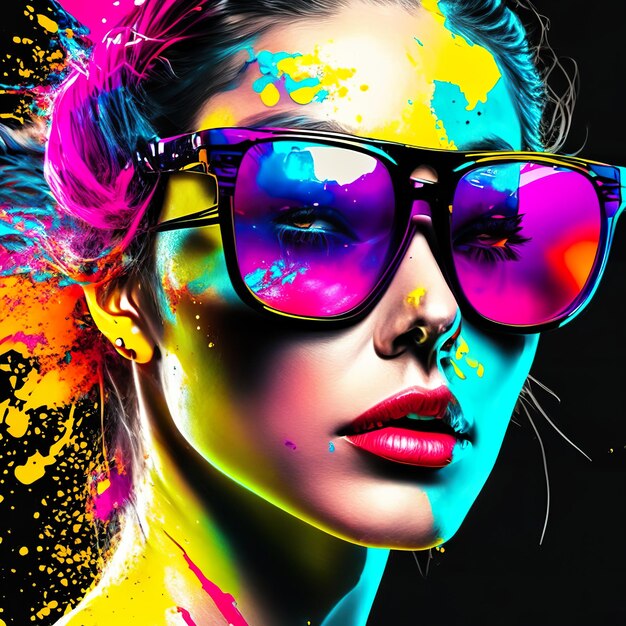 Woman with sunglasses in pop art and ink splash generative ai