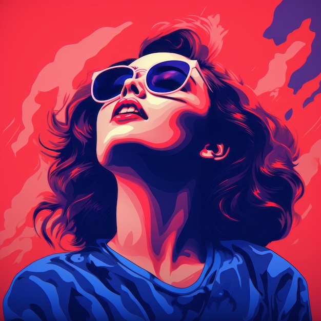 a woman with sunglasses on a red and blue background