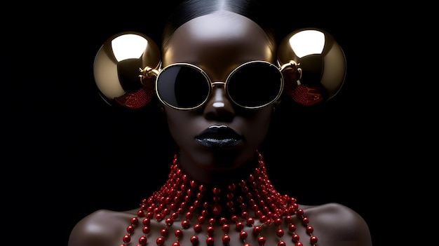 A woman with sunglasses and a red necklace