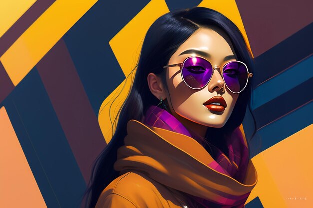 A woman with sunglasses and a scarf is standing in front of a colorful geometric pattern.