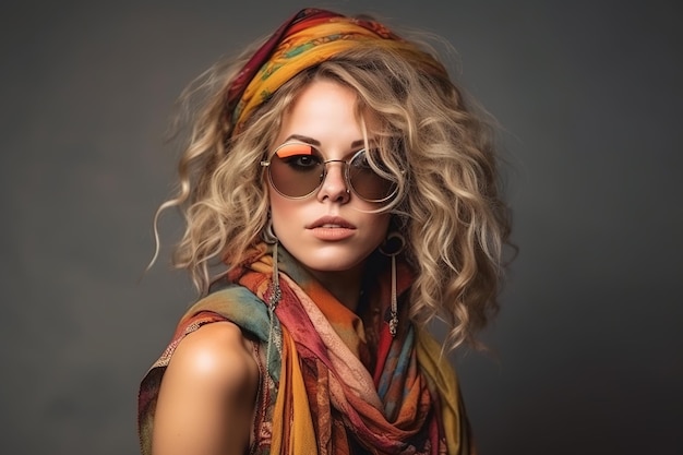 A woman with sunglasses and a scarf on