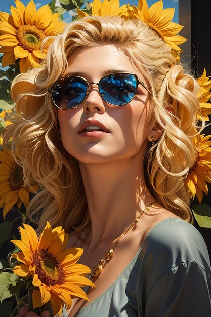 A woman with sunglasses and a sunflower on her head