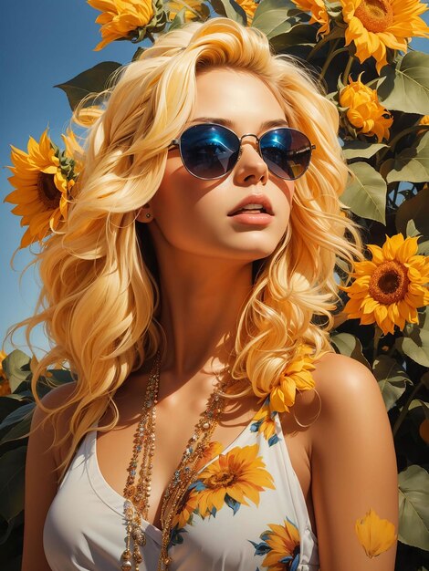 A woman with sunglasses and a sunflower on her head