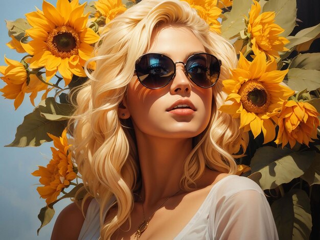 A woman with sunglasses and a sunflower on her head