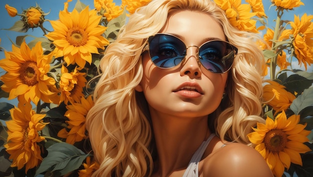 A woman with sunglasses and a sunflower on her head