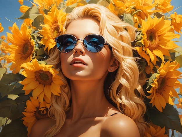 A woman with sunglasses and a sunflower on her head