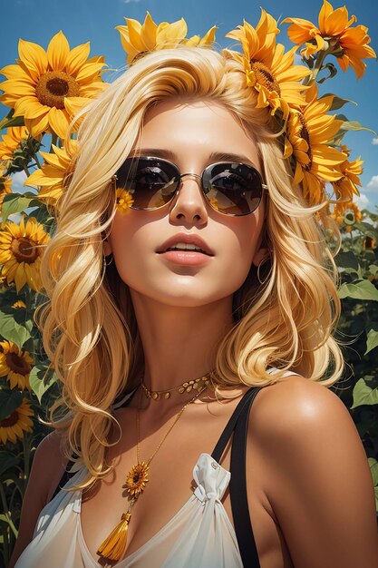 A woman with sunglasses and a sunflower on her head