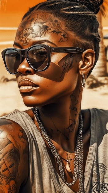 A woman with sunglasses and a tattoo on her neck