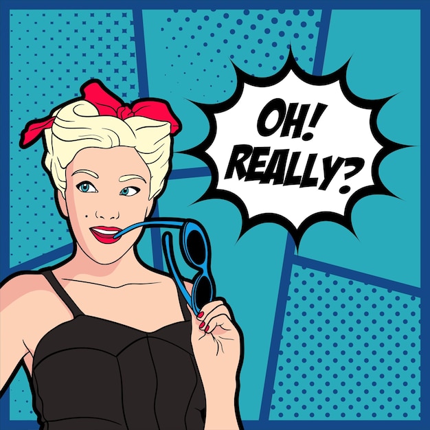 a woman with sunglasses and the word " oh really? " on a blue background.