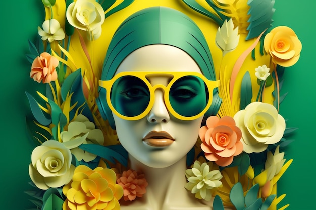 A woman with sunglasses and a yellow hat is surrounded by flowers