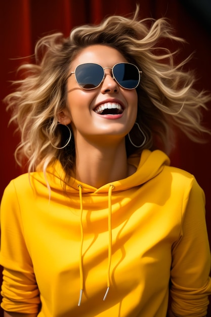 Woman with sunglasses and yellow hoodie smiling Generative AI