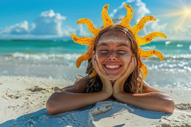 Photo woman with suntan lotion at the beach in form of the sun