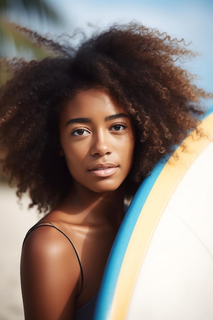 A woman with a surfboard on the beach