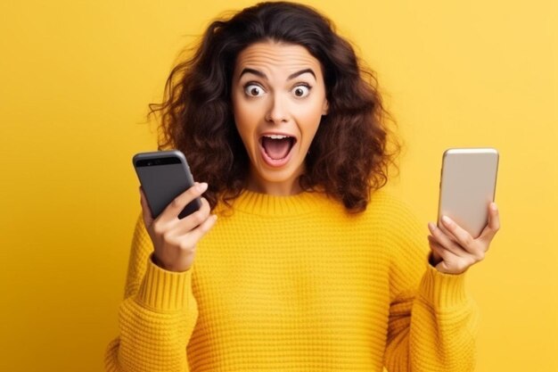 Photo woman with a surprised expression holding up a smart phone and showing her mouth wide open