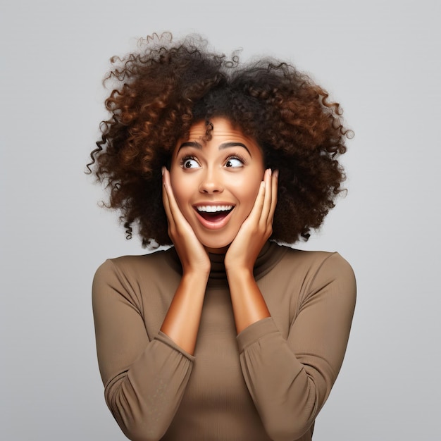 a woman with a surprised expression is smiling with her hands on her face