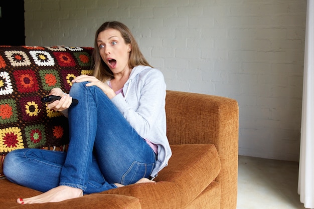 Woman with surprised face expression watching tv