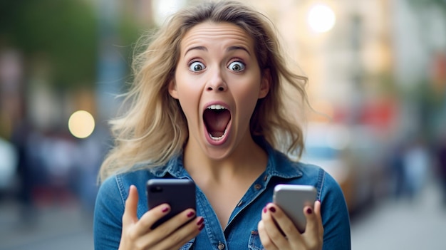 Foto una donna con uno sguardo sorpreso sul viso tiene in mano due telefoni.