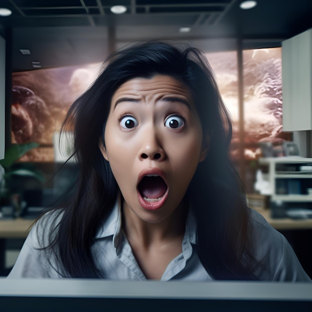 A woman with a surprised look on her face is looking at a computer screen