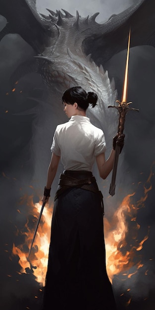 A woman with a sword and a fire behind her