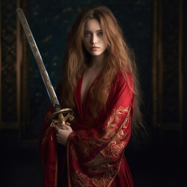 a woman with a sword and a gold sash