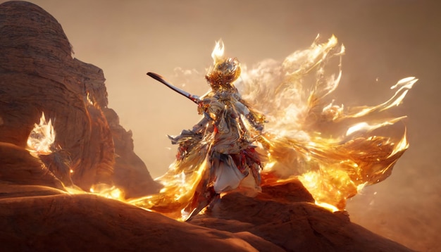 A woman with a sword on her back walks through the desert with a fire in the sky.