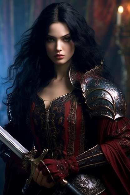 a woman with a sword in her hand is holding a sword.