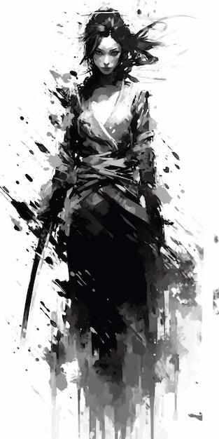 A woman with a sword is standing in front of a grunge background.