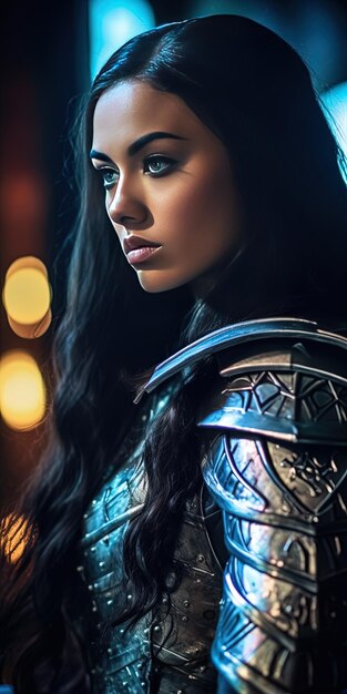 Photo a woman with a sword and shield is standing in front of a neon light