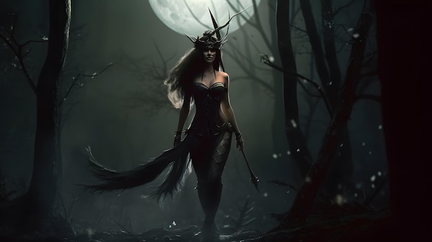 A woman with a sword walks in front of a full moon.