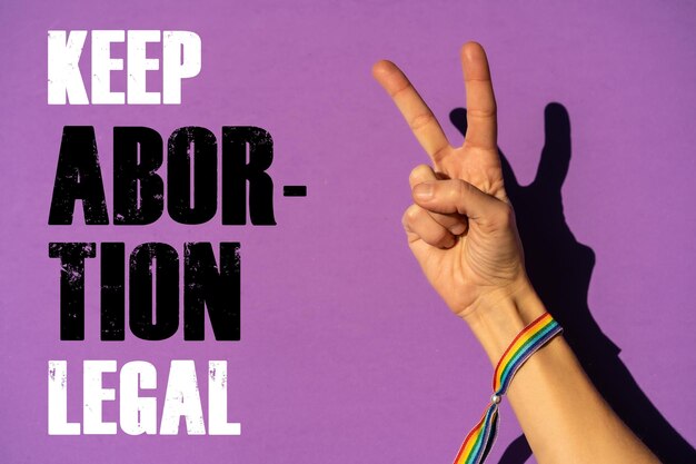 Photo a woman with the symbol of victory or peace with a text in favor of the legalization of abortion protest not to make abortion illegal in the united states prochoice prolife on a purple background