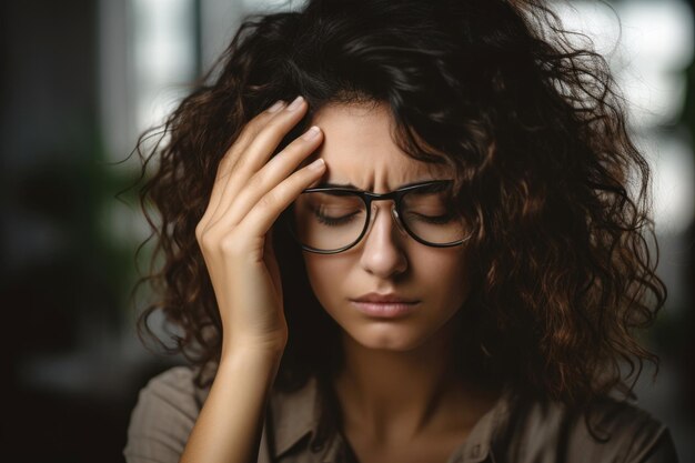 A woman with symptoms of illness in the workplace migraine