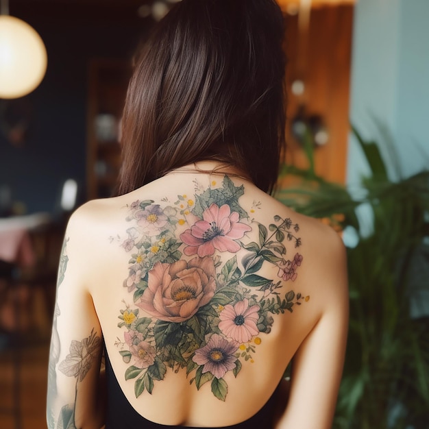 A woman with a tattoo of flowers on her back