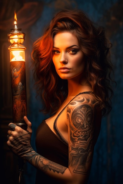 A woman with a tattoo on her arm holds a lantern.