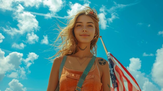 Photo a woman with a tattoo on her arm is smiling and holding an american flag she is wearing