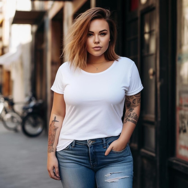 A woman with a tattoo on her arm is walking down a street.