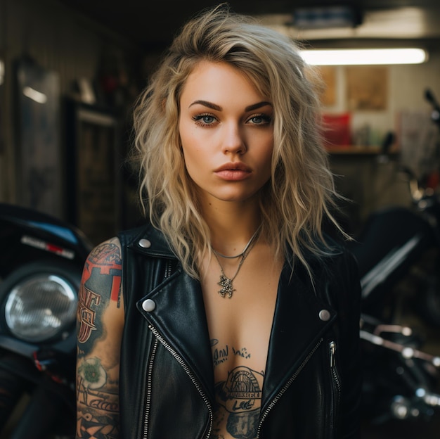 a woman with a tattoo on her arm and a motorcycle behind her.