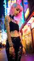 Photo a woman with a tattoo on her arm stands in front of a storefront