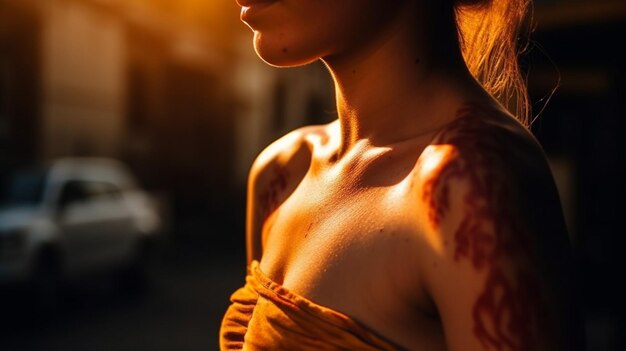 A woman with a tattoo on her arm stands in the sun