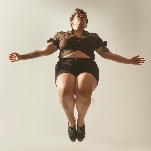 женщина с татуировкой на спине прыгает в воздух