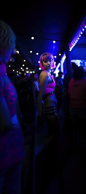 a woman with a tattoo on her back is standing in a crowd.