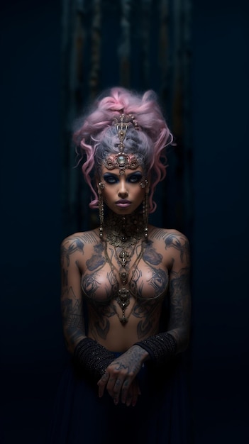 a woman with a tattoo on her back is standing in front of a dark background.