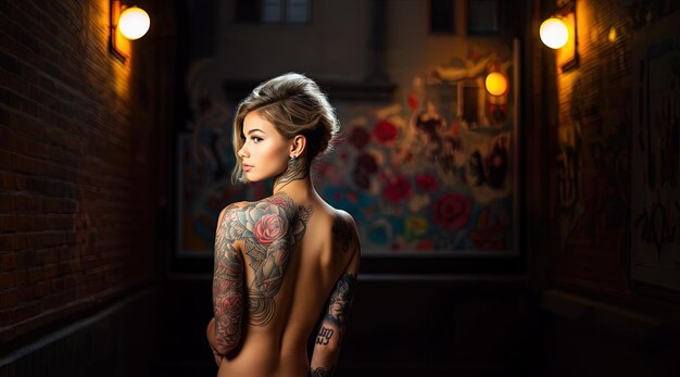 背中にタトゥーをつけた女性が花の絵の前に立っています