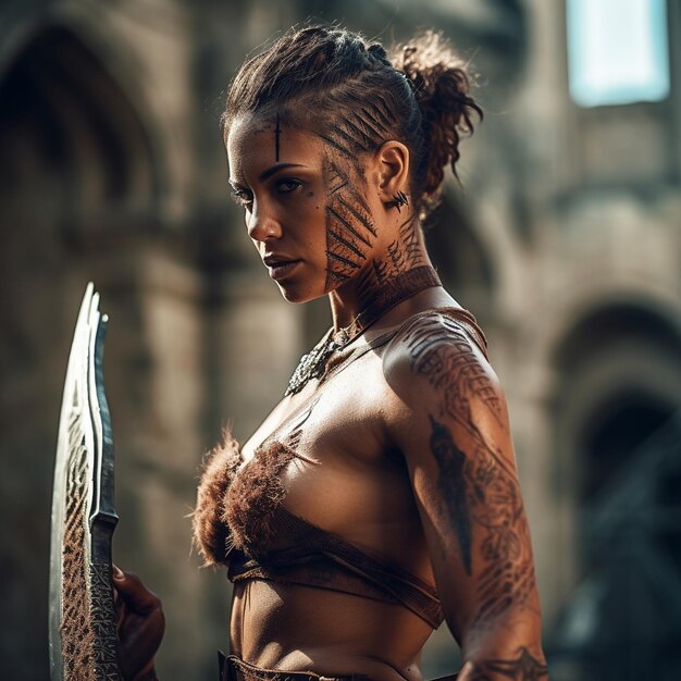 a woman with a tattoo on her chest holding a sword